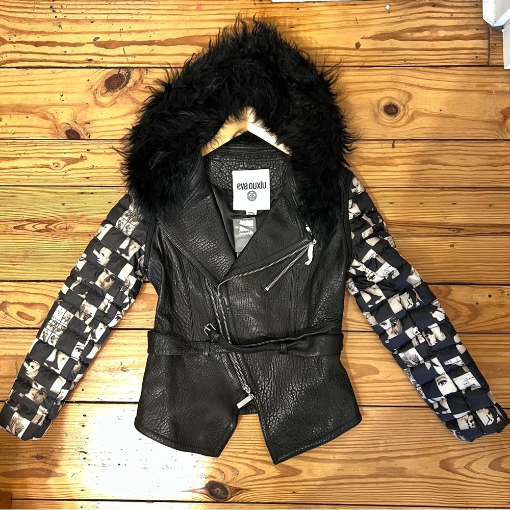 Eva Ouxiu New! Leather Jacket Puff And Removable Arms and Fur Hoodie XS